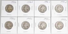 8 - Washington Silver Quarters; Various Dates/Mints