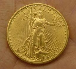 1908 St Gaudens $20 Gold Coin