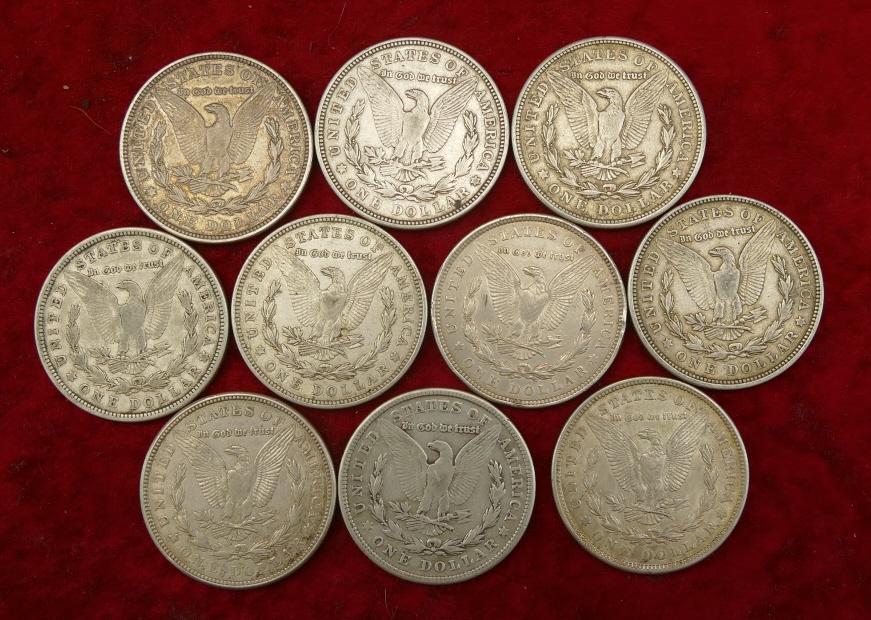 Lot of 10 US 1921 Morgan Silver Dollars