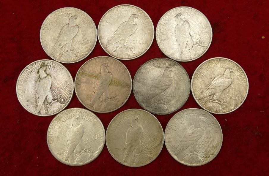 Lot of 10 Peace Silver US Dollars