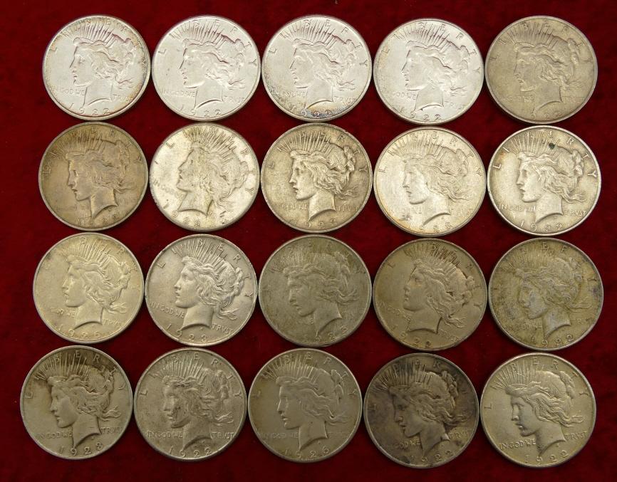 Lot of 20 Mixed Silver Peace Dollars (F)