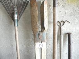 Yard Tools= Post Hole Digger; Cultivator; Pair Of Rakes; Cultivator.