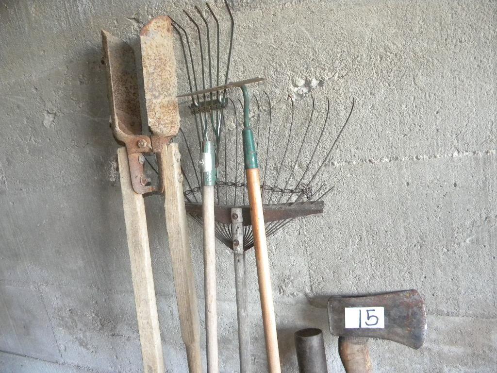 Yard Tools= Post Hole Digger; Single Bit Ax/maul; Hoe; Pair Of Rakes.