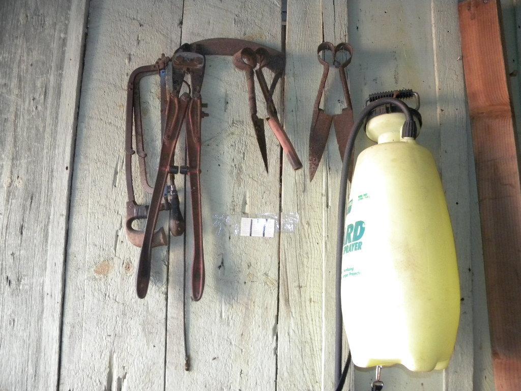 Yard Tools= Yard Sprayer, 3.0 Gal; Bolt Cutter; Pair Of Hand Scythes; Saws