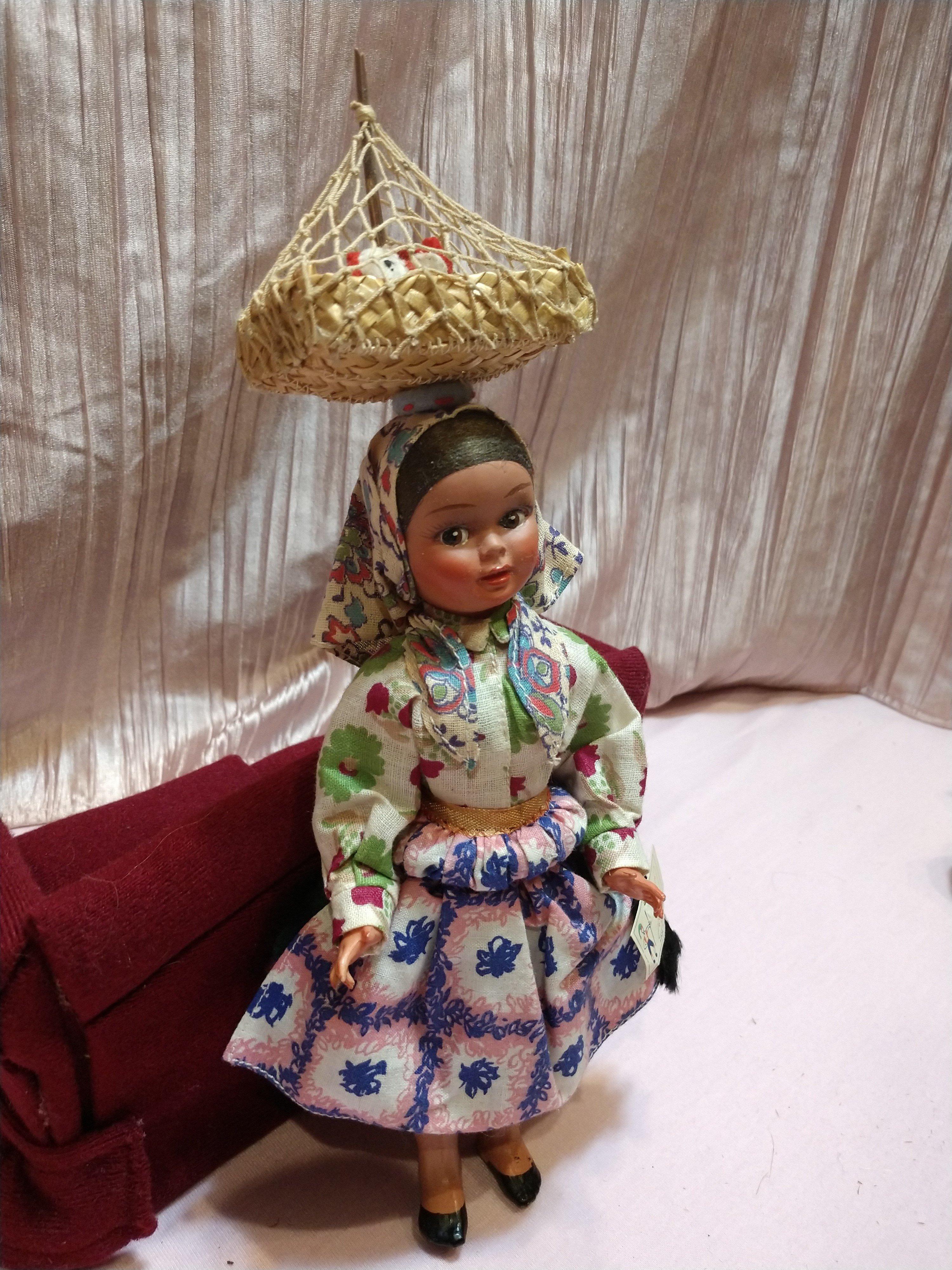 Vintage Rare Tagged Lala Made In Portugal Plastic Doll With Basket Of Chickens Atop Head!