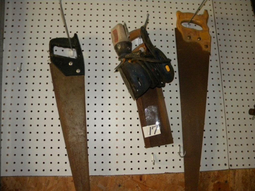 Ryobi circular sander, miter box hand saw, 2 carpenter hand saws