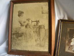 Three Old Photos, 10" X 16"; Litho, "girl Sewing" 13" X 16".