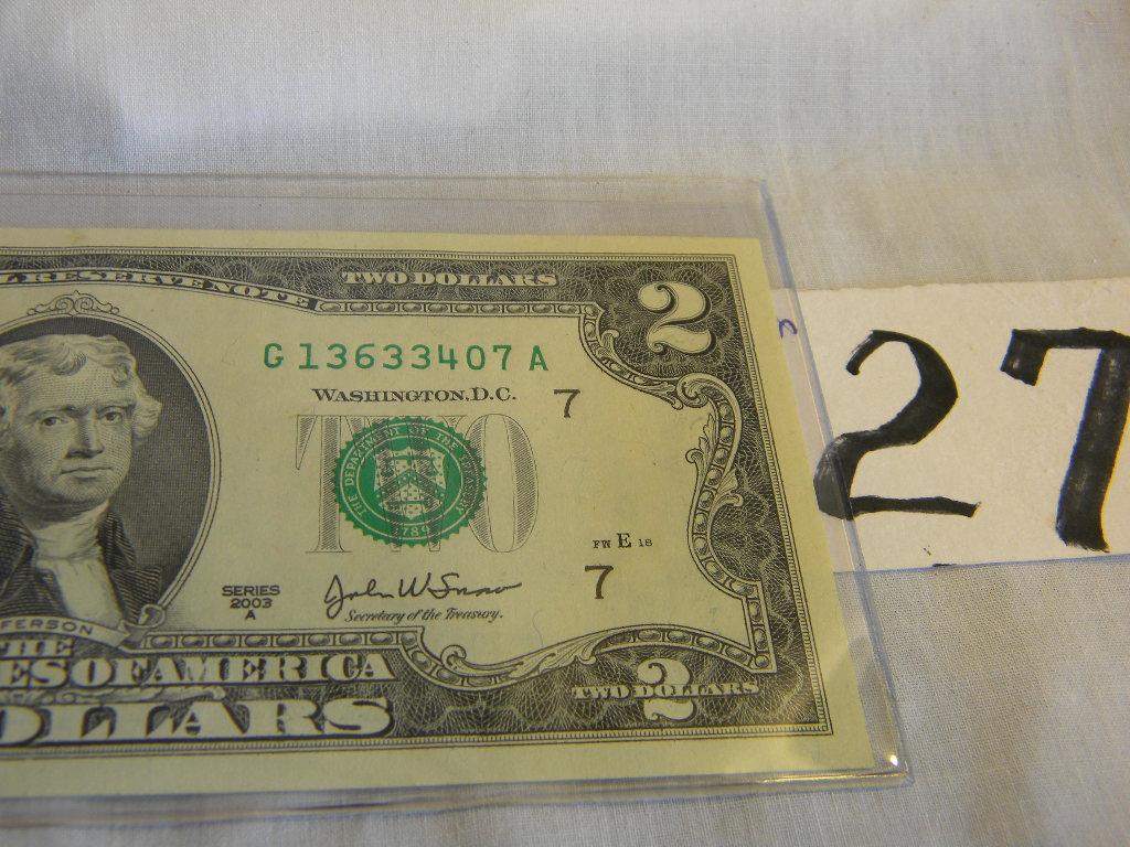 Pair Of 2 Dollar Bills=j00502126a, 2003a; G13630407a, 2003; Both Bank Of Ka