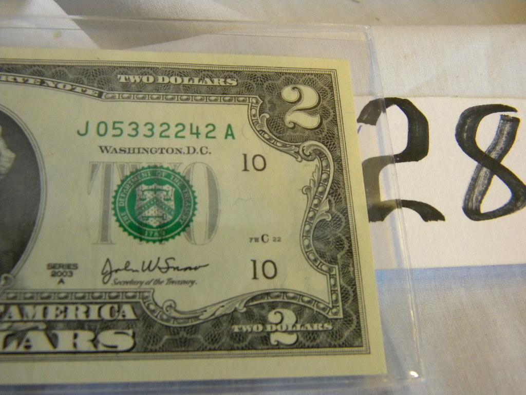 Pair Of 2 Dollar Bills=j05332242a; 2003a F03772670a, 2003a; Both Bank Of At