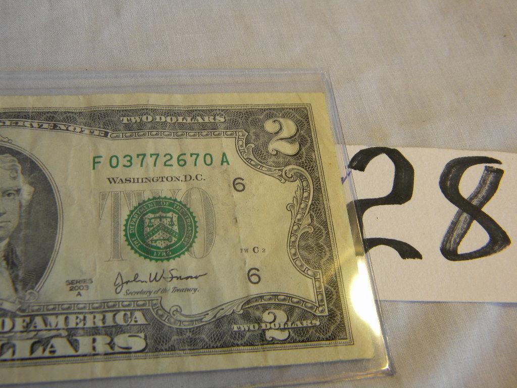 Pair Of 2 Dollar Bills=j05332242a; 2003a F03772670a, 2003a; Both Bank Of At