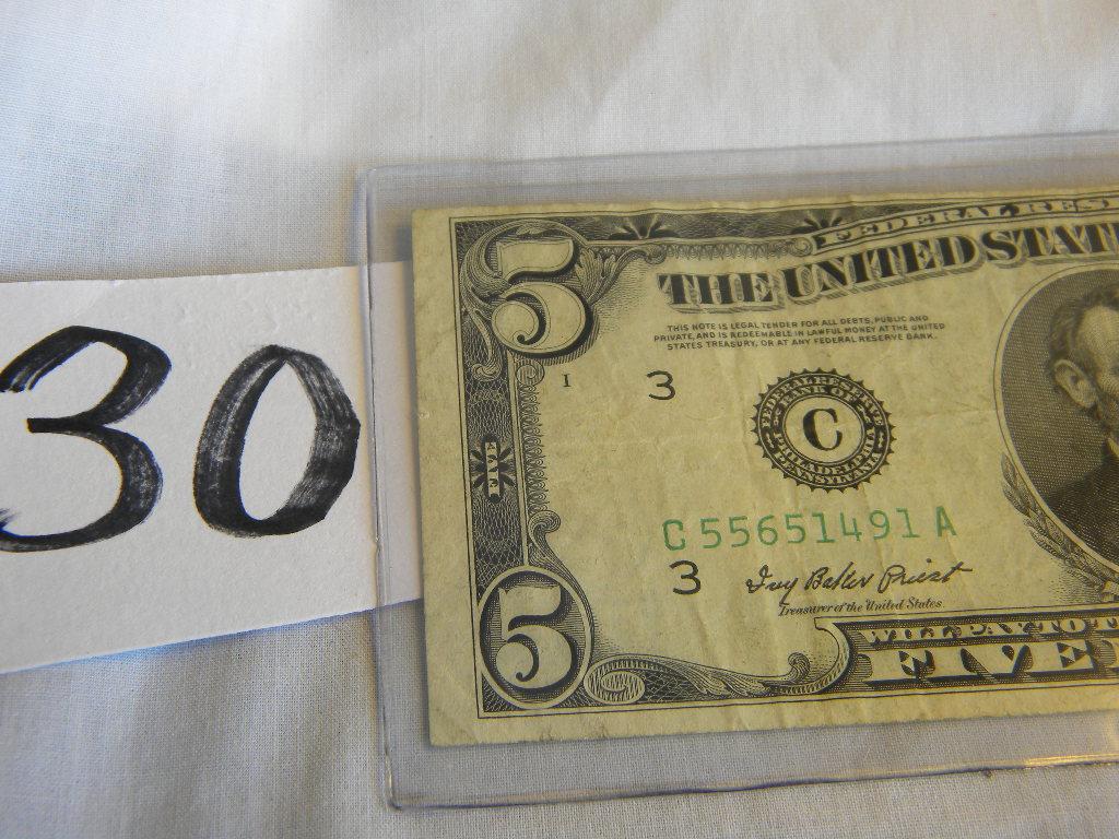 Five Dollar Bill= C55651419a,, 1950a, Bank Of Phiiladelphia,pa, Green No's