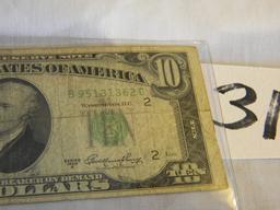 Ten Dollar Bill= B95131362g, 1950a, Bank Of New York, Ny, Green No's And S