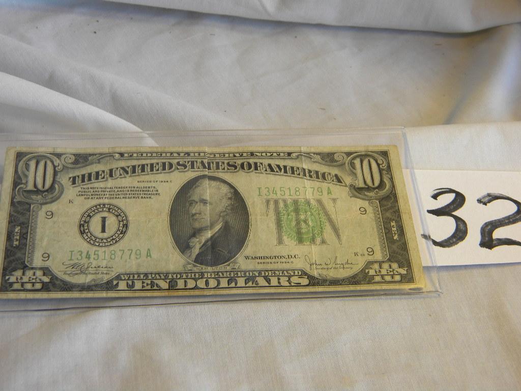 Ten Dollar Bill= I34518779a, 1934c, Bank Of Minneapolis, Minn, Green No's