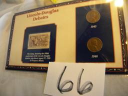 Stamp/Coins Lincoln Douglas Debate, 1858 Stamp, Two Wheat 1945-1946 Pennies. Anniversar