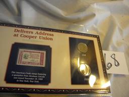 Stamp/Coins,"Abraham Lincoln Quote-stamp, Issued Nov. 19th, 1960; Pair Of Wheat Pennies