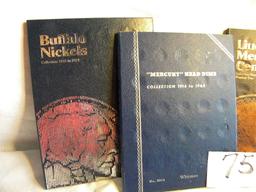 Coin Books.  Lincoln Cent; Mercury Dime; Buffalo Nickel; Lincoln Cent.