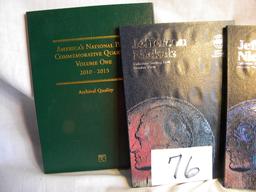 Coin books.  Jefferson Nickels; Washington Quarters; Jefferson Nickels; Lincoln Cent.