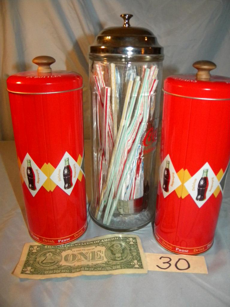 Coca Cola=2 Metal Drink Straw Dispensers; 1 Glass Metal Drink Straw Contain