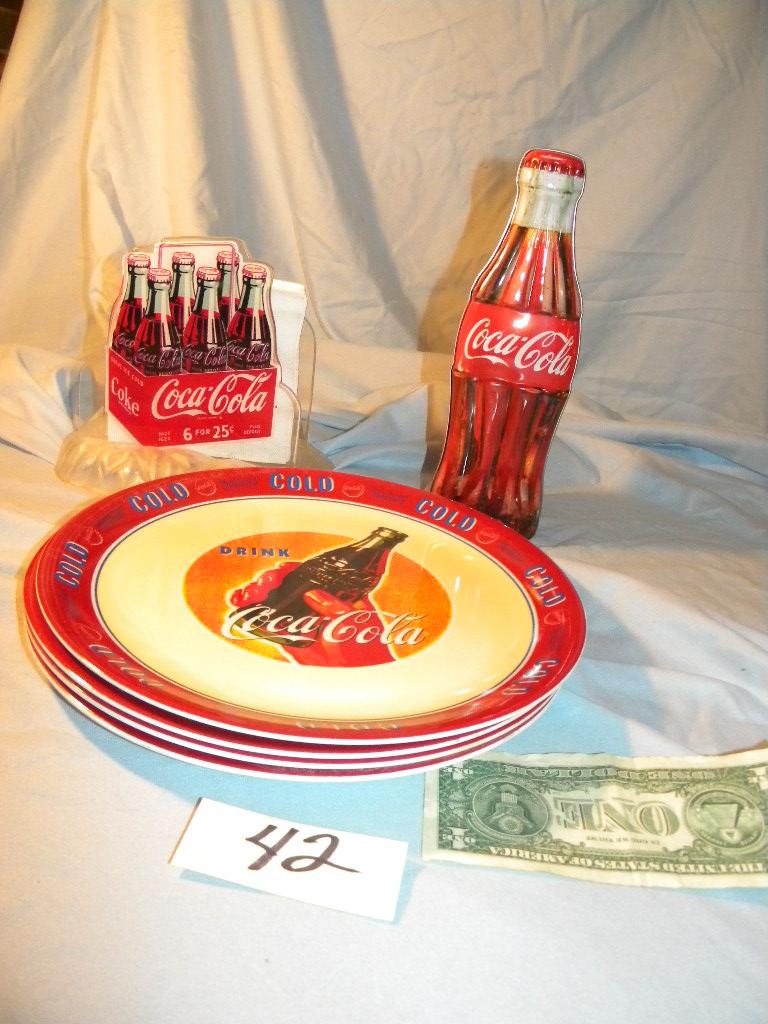 Coca Cola= Metal Bank; Center Pieces; (4) Gibson Plates, 4 1/2" D.