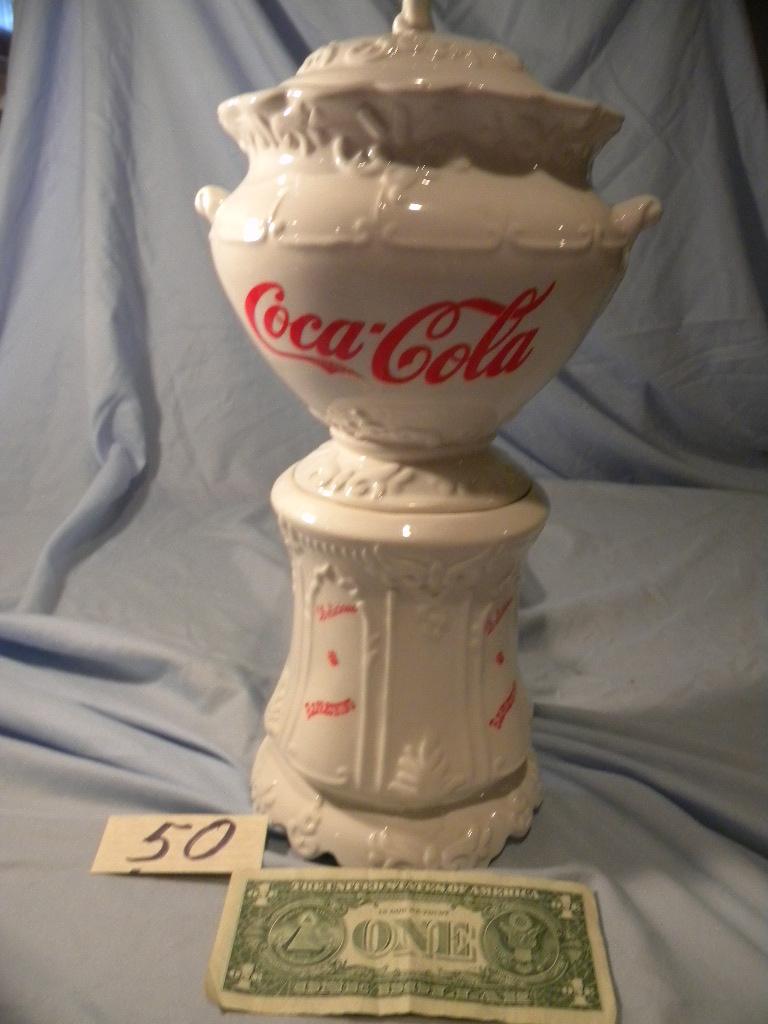 Coca Cola= Cookie Jar On Stand, 18"h; Pair Of Goblets, 8" X 3"; Plastic Ice