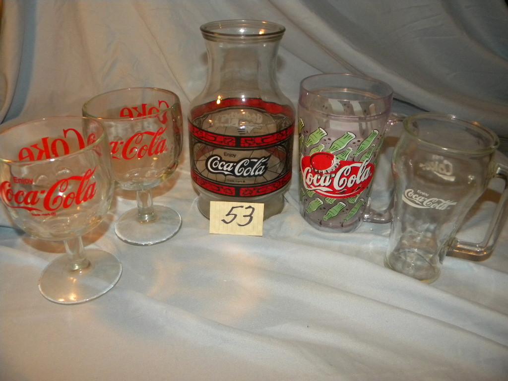 Coca Cola= Pair Of Stemmed Glass Ware; Glass Mug; Vase.