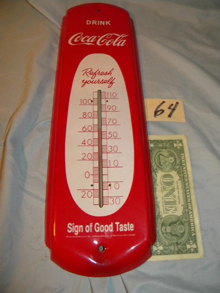 Coca Cola= Thermometer 17 1/2 X 5"; Quartz Clock, 12"d; Porcelain Ad Sign,