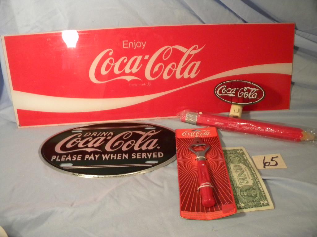 Coca Cola= "pleasure When Served", Sign, 12x7"; Bottle Opener Night Light;