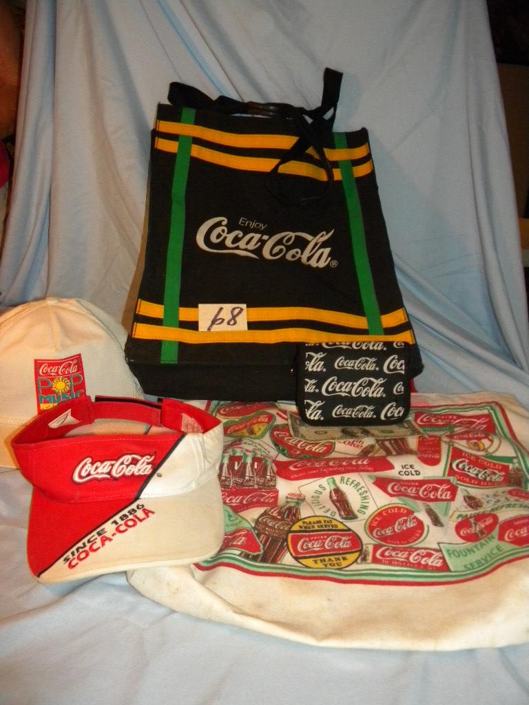 Coca Cola= Coin Purse; 2 Caps; Pair Shopping Bags.