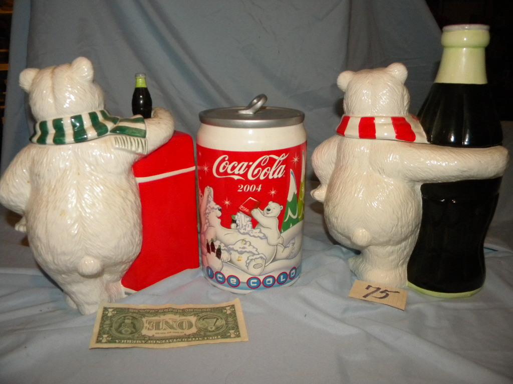 Coca Cola= "bear And Bottle", 13 1/2"h; "snowman W/dispenser",12"h; Pair Of