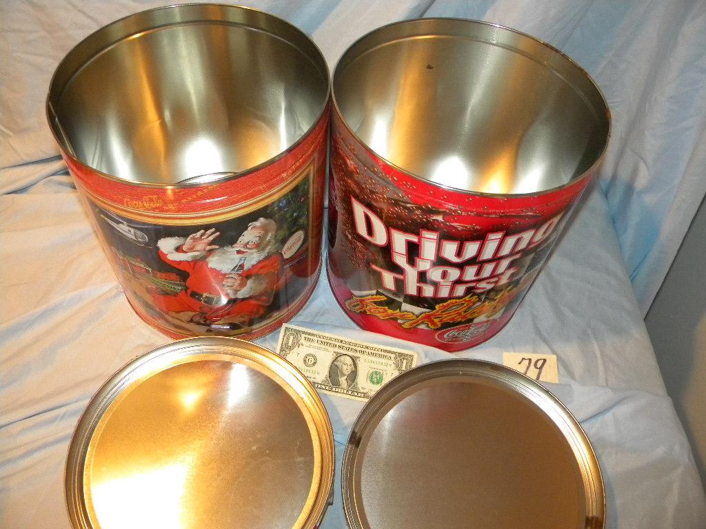 Coca Cola= Pair Of Empty Pop Corn Tins W/battery Train & Puzzles; 12"h X 10