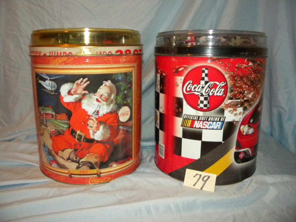 Coca Cola= Pair Of Empty Pop Corn Tins W/battery Train & Puzzles; 12"h X 10