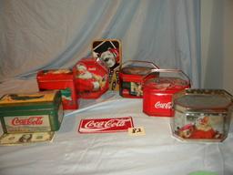 Coca Cola= (7) Tins, Sign 3"x 6".