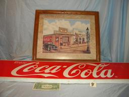 Coca Cola= Print W/frame 18 X 22"; Metal Coca Cola Sign 10 X 48".