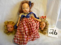 Storybook Like Dolls, 5"h, Two Extra Heads. Porcelain Faced Doll, 11"h,