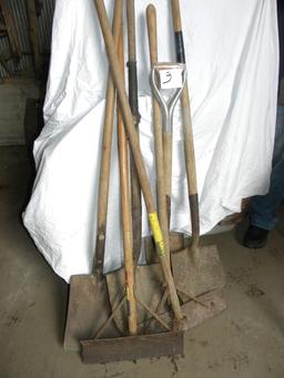 Four Construction Shovels; Pair Barn Scrappers.