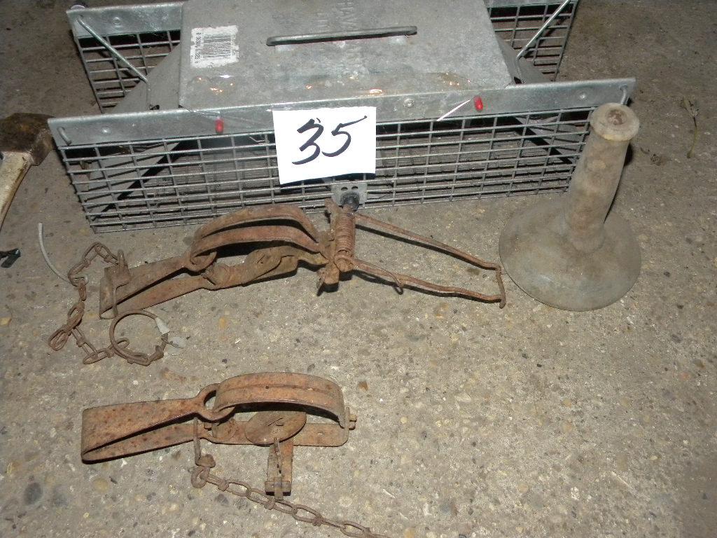 Live Animal Trap; (2) Hog Hair Scrapper; 3 Hammers; Pair Of Water Traps; Et