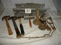 Live Animal Trap; (2) Hog Hair Scrapper; 3 Hammers; Pair Of Water Traps; Et