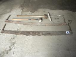 Pair Cross Cuts, 88"l; Old Barn Pin Auger; Dbl Bit Ax, Split Ax