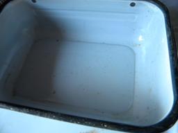 Enamel= White W/black Edge- Pair Wash Bowls; Dish Pan; Refry Pan W/lid; Chi