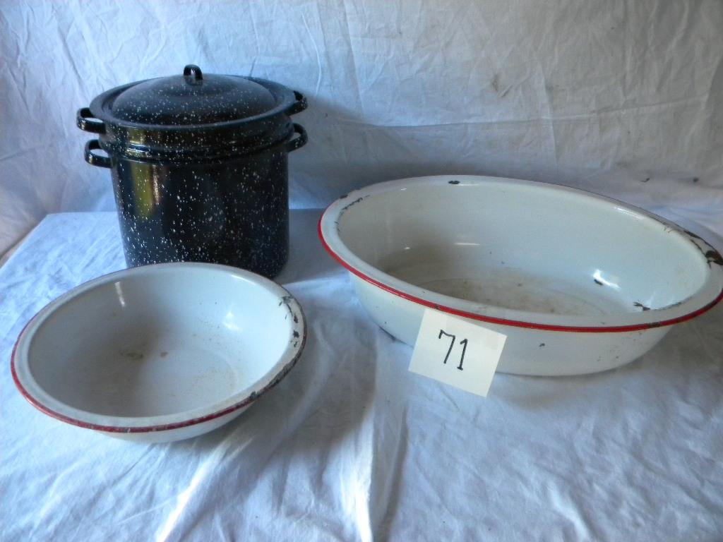 Enamel= Speckle Black Spaghetti Boiler;whte W/red Rim Rectangle Dish Pan;