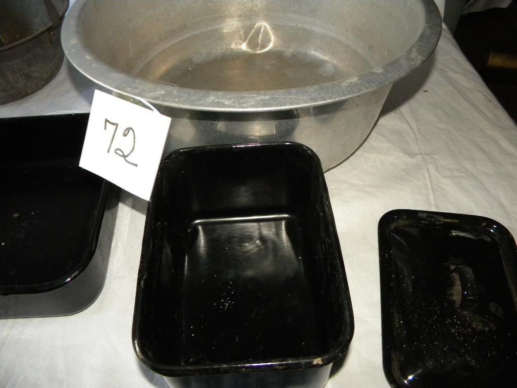 Aluminum 2 Gal Wash Basin; Angel Food Cake; 3 Black Enamel Ref. Pans