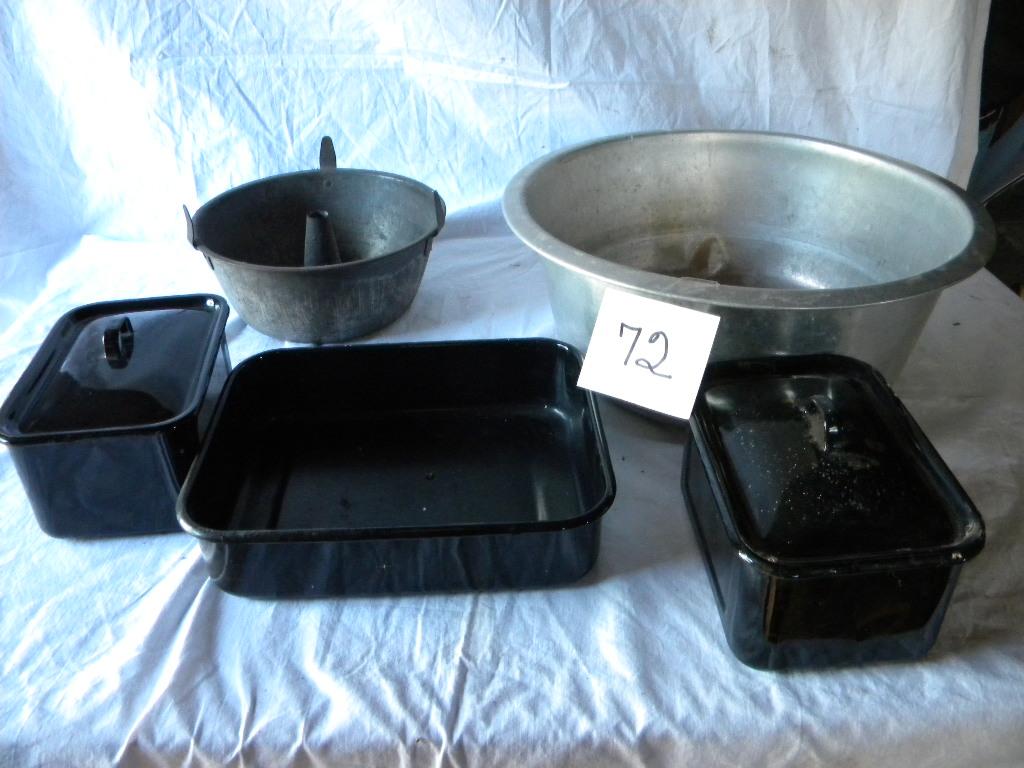 Aluminum 2 Gal Wash Basin; Angel Food Cake; 3 Black Enamel Ref. Pans