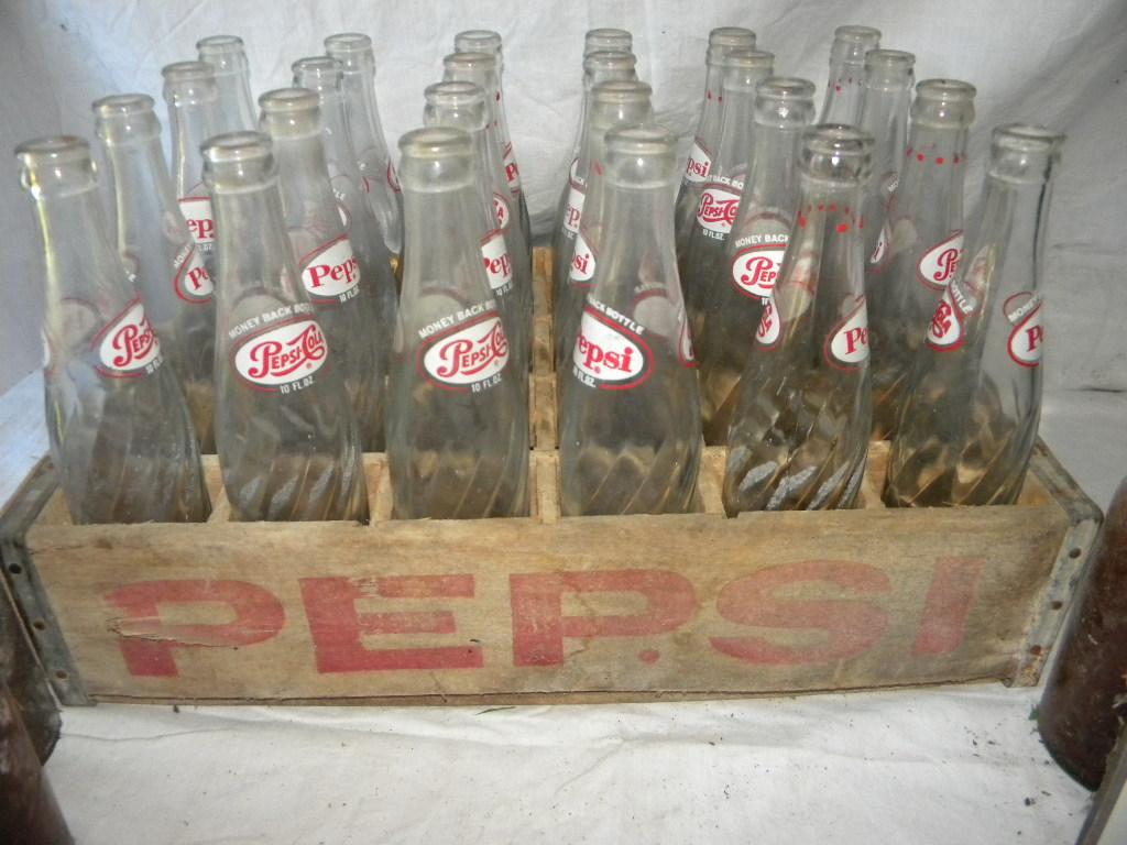 Pepsi Bottles, W/wood Crate; Old Vet Bottles- 4 Brown, 5 Clear.