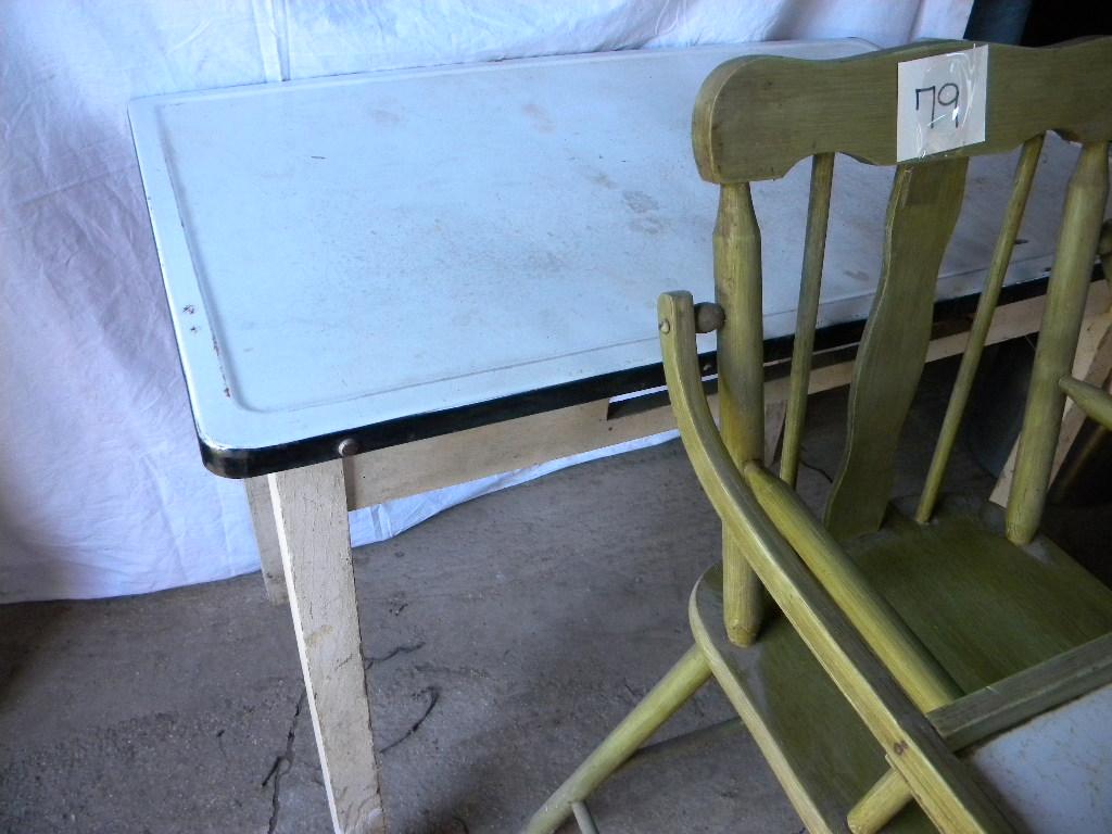 Enamel Top Food Prep Table; Old Children's High Chair.