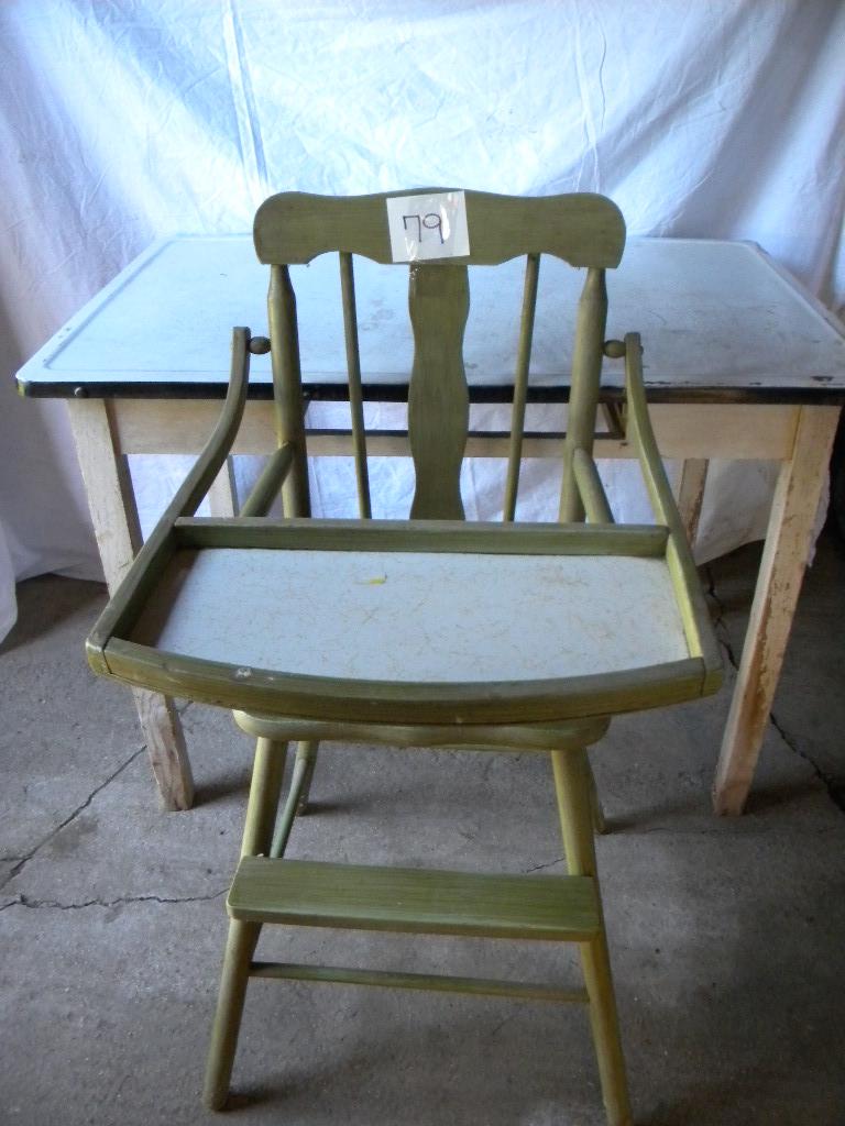 Enamel Top Food Prep Table; Old Children's High Chair.