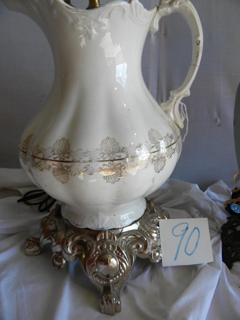 Pair=hand Painted Base Oil Converted Elect., Metal Base, 23"h; Pitcher Lamp