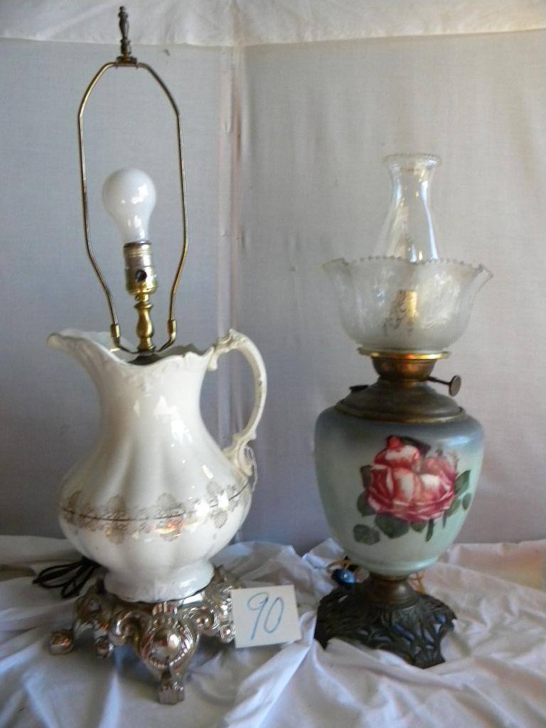 Pair=hand Painted Base Oil Converted Elect., Metal Base, 23"h; Pitcher Lamp