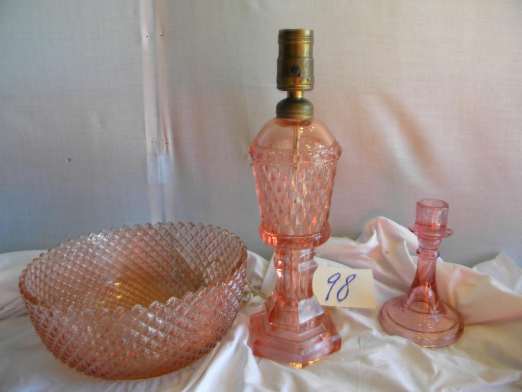 Diamond Pattern= Bowl, 4"h X 9"d; Lamp Base, 13"h; Candle Holder, 6"h.