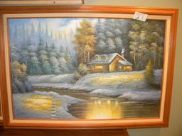 Paint On Canvas, Framed/matted "mountain Scene", Unknown Artist, 23 1/2" 3