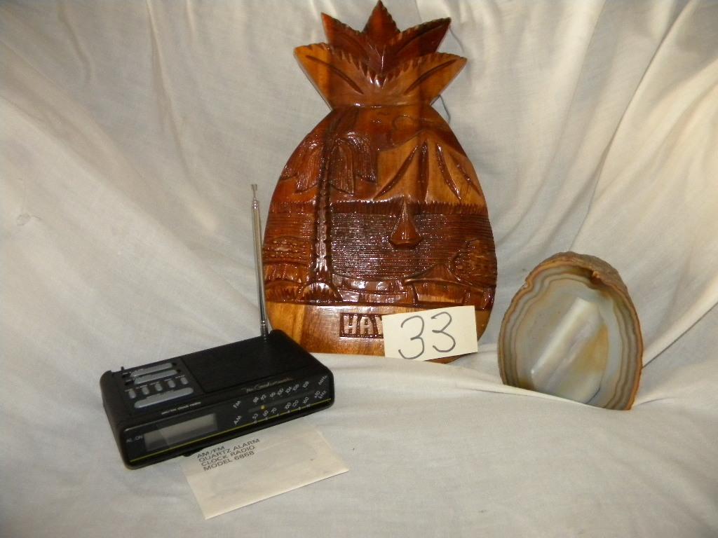 Portable Battery Operated Am-fm Radio; Paper Weight Onyx; Wood Hawaiian Pin